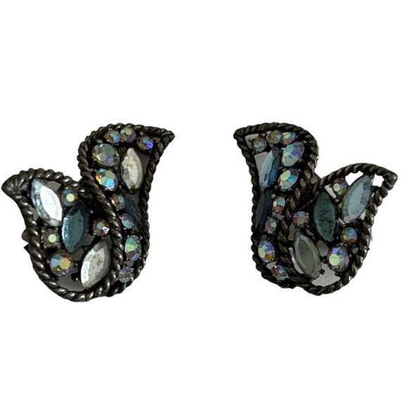 Mode Art Clip On Earrings Blue Silver Tone Aurora Borealis Rhinestone Vintage - Picture 7 of 7